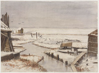 LL 004
<br/>
Weidelandschap in de sneeuw met links en rechts op de voorgrond schuurtje en in het midden een sloot
<br/>
<em>Velsen, Franciscus Antonius van (1904-1992)</em>